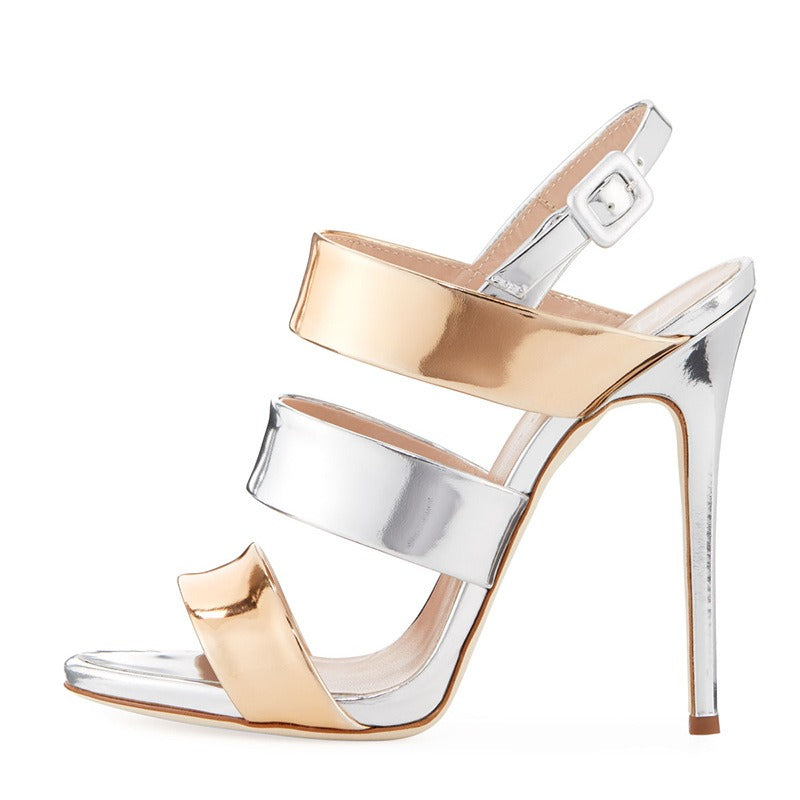 Leather Silver Gold Open Toed Open Heeled Sandals