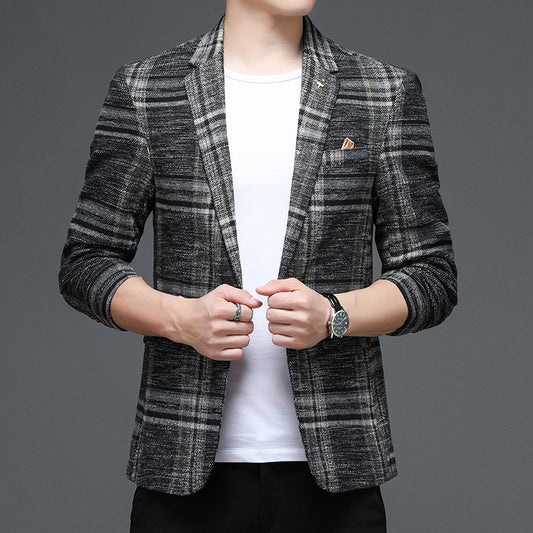 Men's Suit Collar Round Hem Pocket Flap Dig Pocket Casual Plaid Jacket