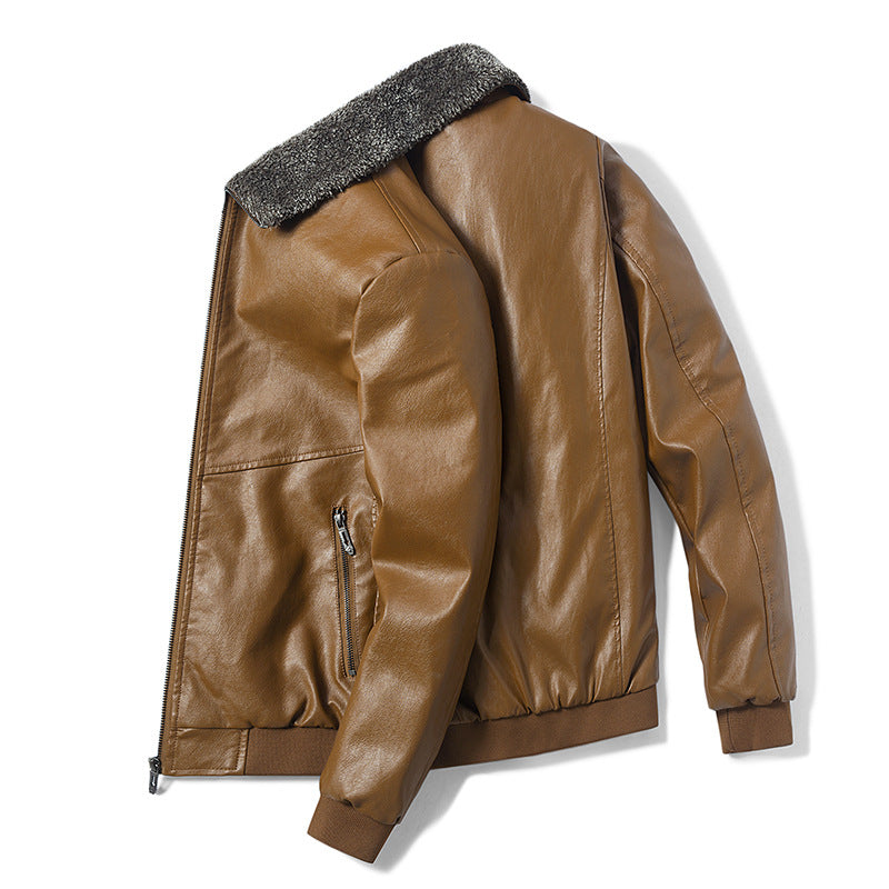 Men's fur collar leather jacket with lapel and fleece