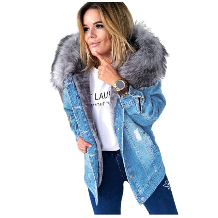 Large Fur Collar Denim Jacket Warm Mid-Length Coat