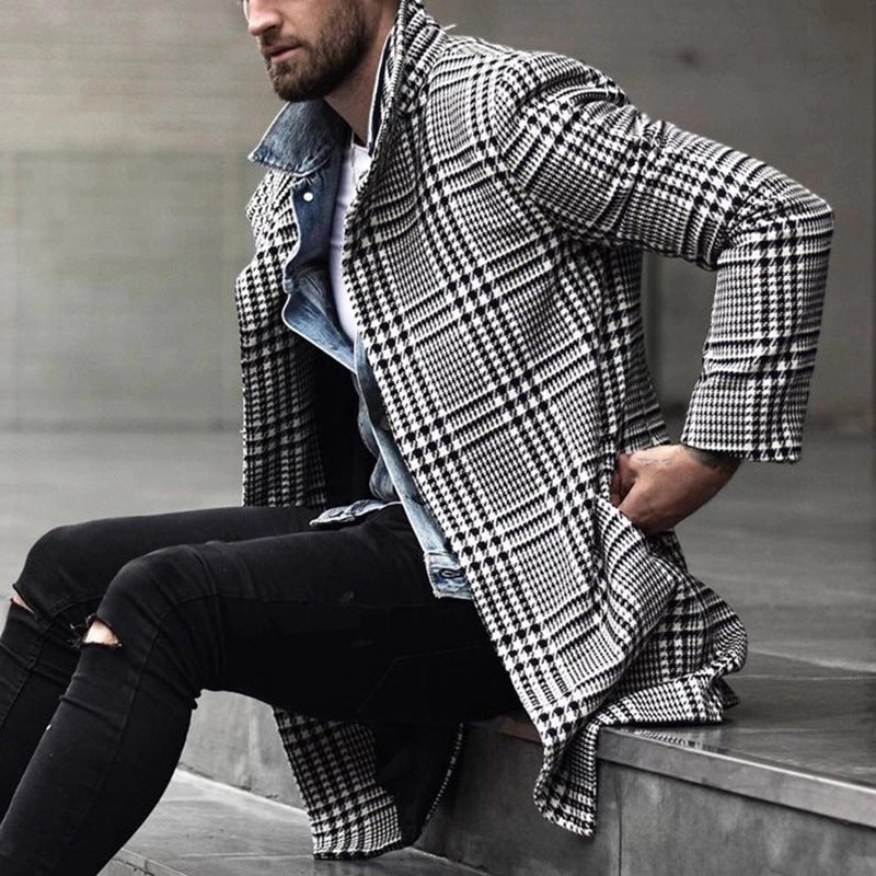 Fashion Plaid Lapel Single-breasted Mid-length Coat