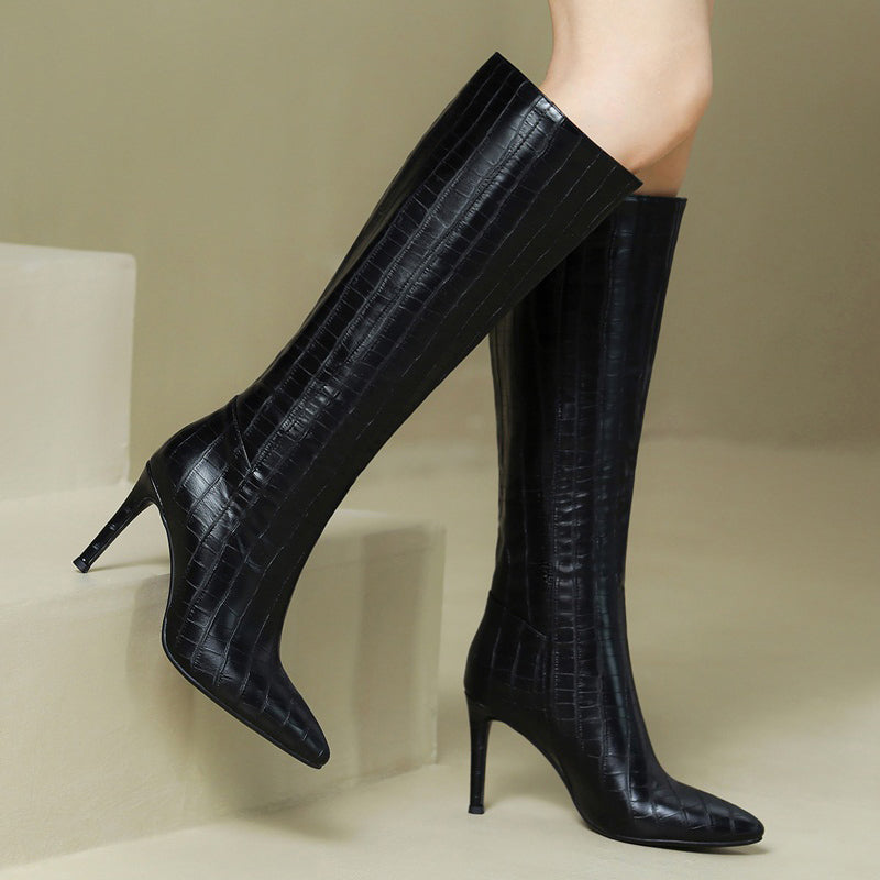 New Women's Knee High Boots Autumn Winter Warm Shoes Black White Dress Party Female Long Boots High Heels Pointed Toe 43
