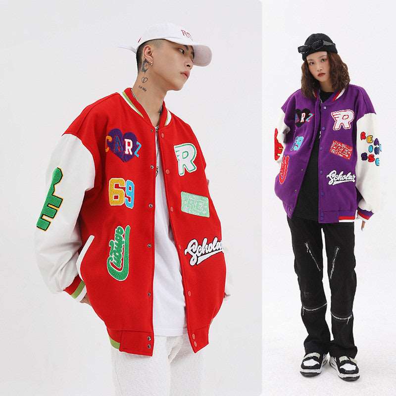 American Vintageoversize Patch Towel Embroidered Baseball Jacket