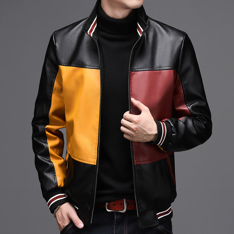 Men's color matching plus suede leather jacket