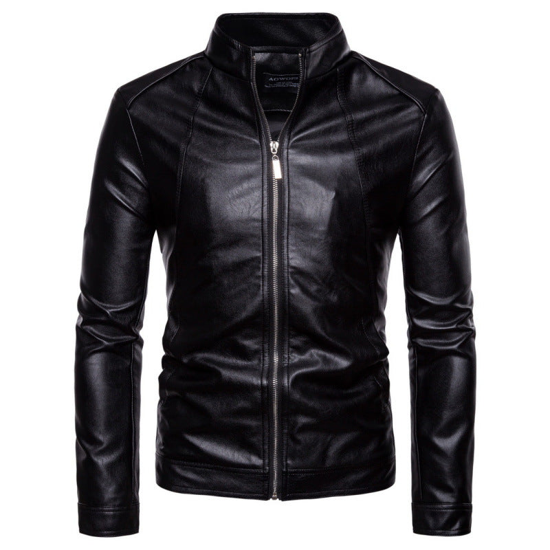 Solid Collar Large Men's Motorcycle Leather PU Jacket