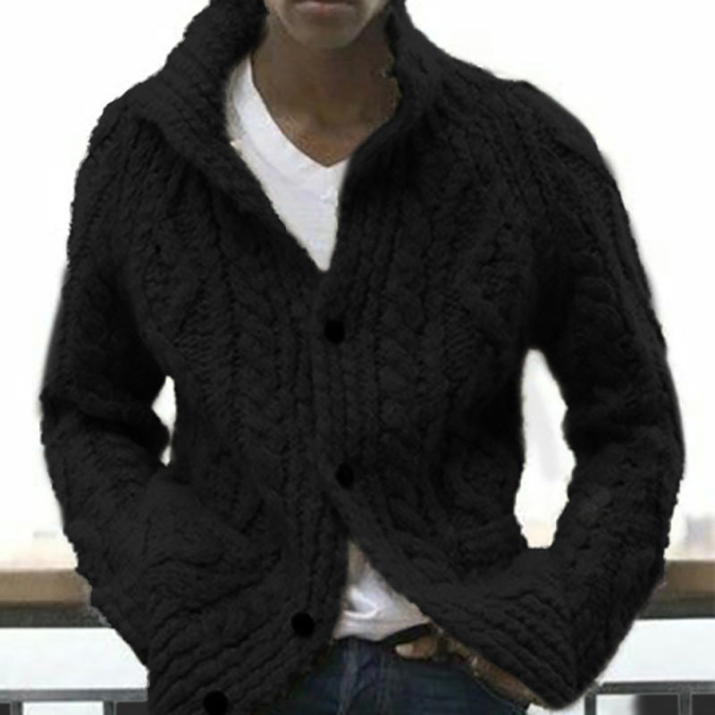 Men's Woolen Sweater Down Lapel Tweed Ribbed Solid Button Knit Coat