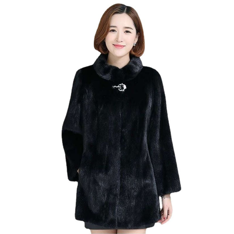Women's Mink Coat Stand-up Collar Fur Mid-length Casual Slim