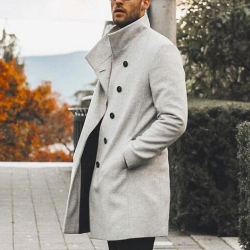 Men's mid-length stand-up woolen trench coat