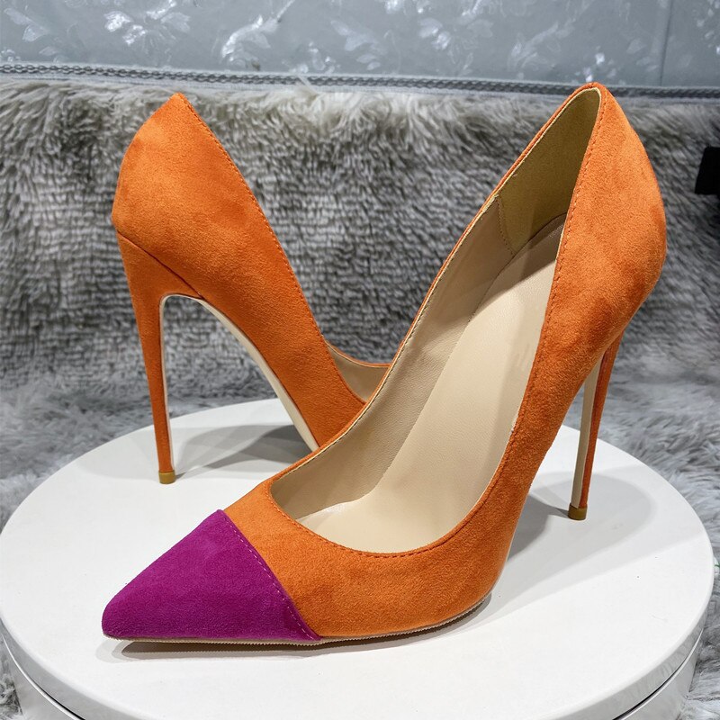 Tikicup Orange Lila Patchwork Damen Flock Spitze Zehen 8-12cm High Heels Schuhe Faux Wildleder Elegante Stiletto Pumps Kleine Größe 33 45 