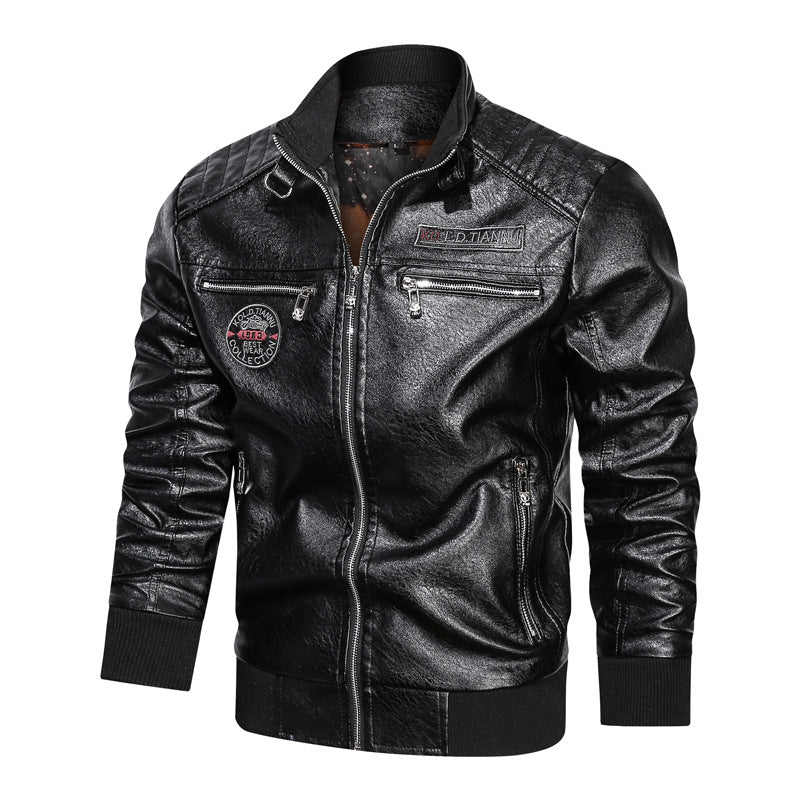 Stand-up Collar Leather Jacket With Pockets