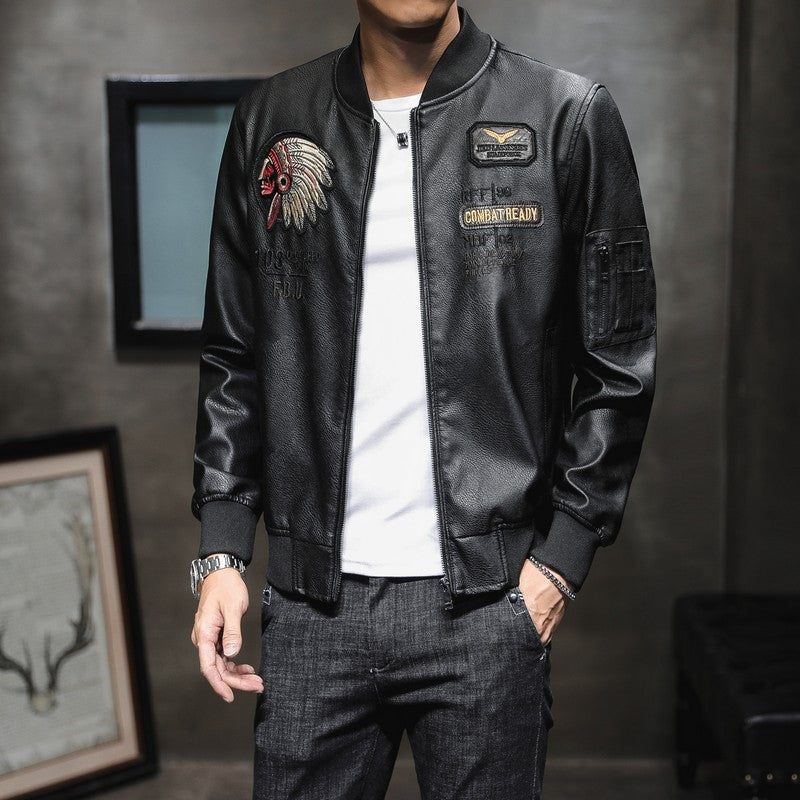 Men's PU Leather Baseball Collar Embroidered Motorcycle Jacket