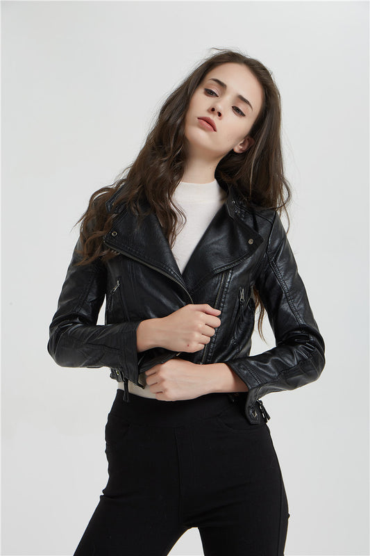 Fashion Women's Short Jacket With Washed Leather And Rivets