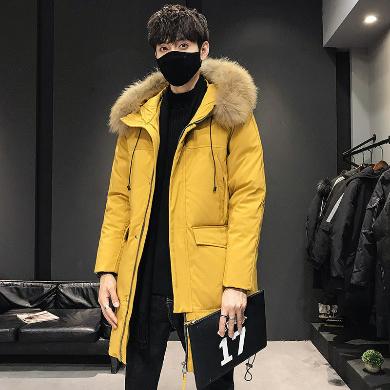 Men's Mid-length Large Fur Collar Hooded Thick Padded Jacket