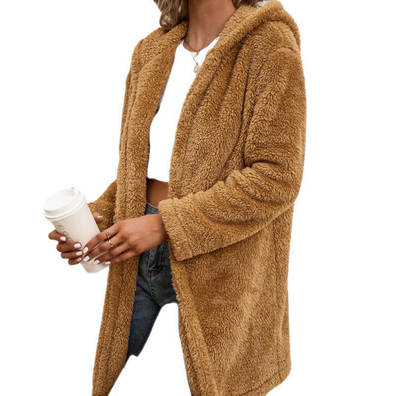 Lamb Wool Mid-length Cardigan Hooded Trench Coat