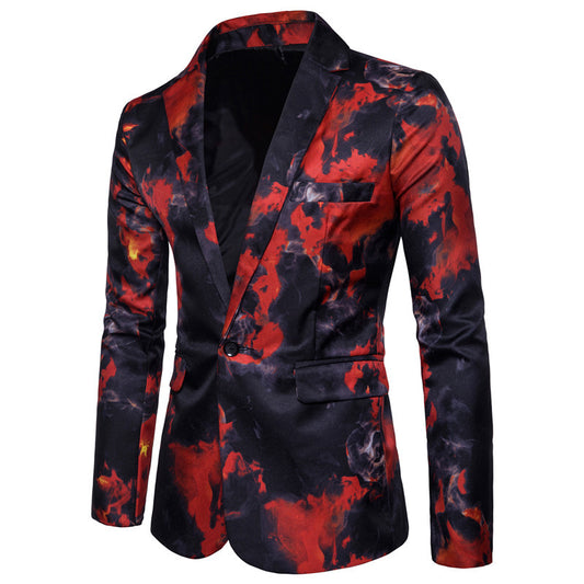 One Button Suit Red And Blue Flame Print
