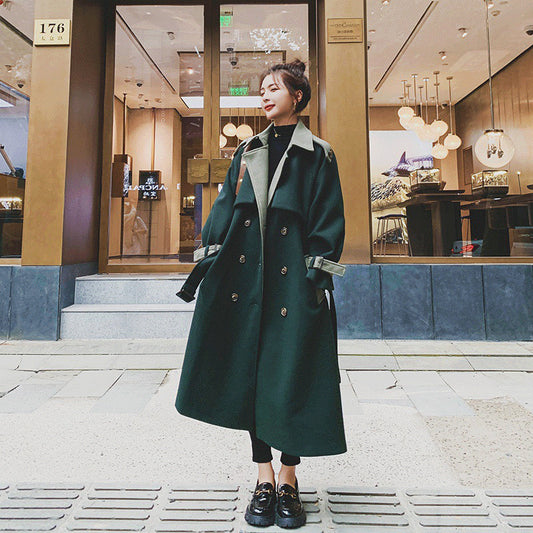 Women's Fashion Stitching Dark Green Woolen Coat In Winter