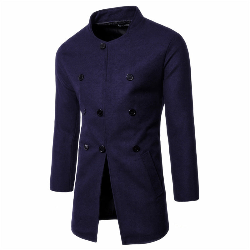 New Men's Fashion Slim Neck Three Row Woolen Coat