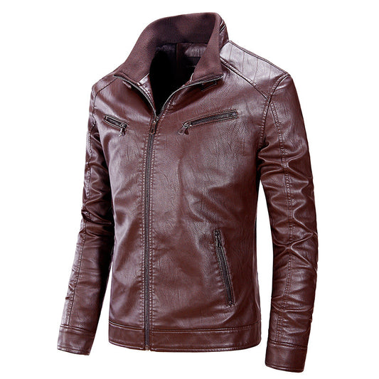 PU stand collar leather jacket
