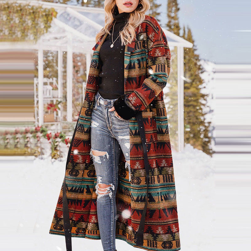 Women's Double-sided Printed British Lapel Long Trench Coat