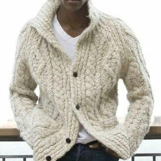 Men's Woolen Sweater Down Lapel Tweed Ribbed Solid Button Knit Coat