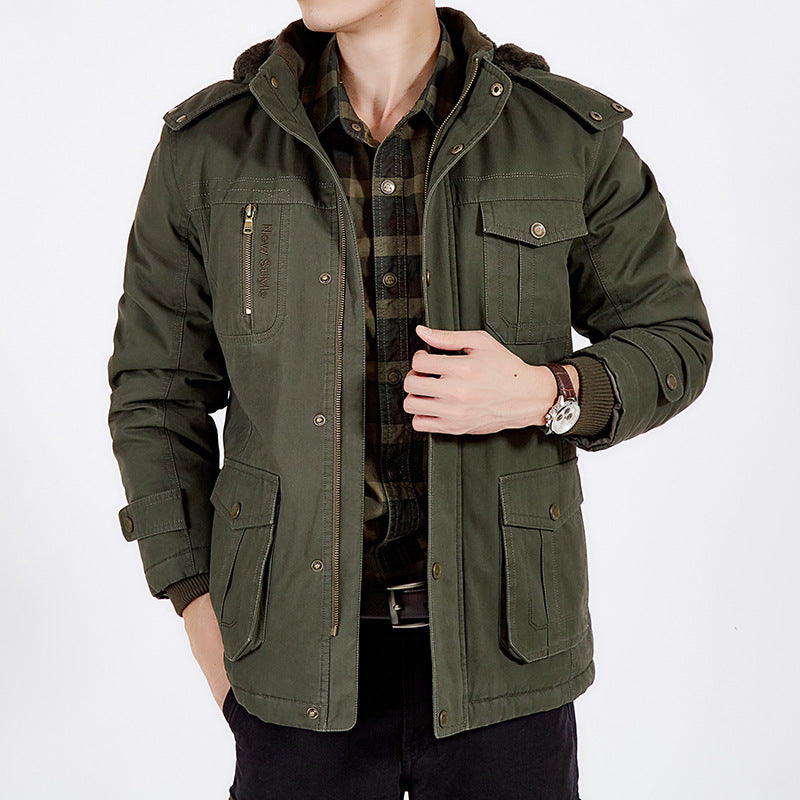 Men's Mid-length Hooded Cotton-padded Jacket With Velvet