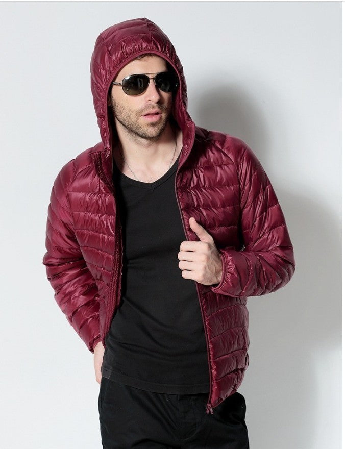 Men's Solid Color Hooded Striped Fashion Lightweight Down Jacket