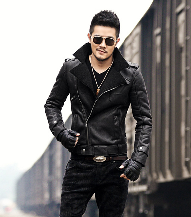 Winter thickened faux fur one jacket suede  lamb hair male slim motorcycle leather jacket F1056