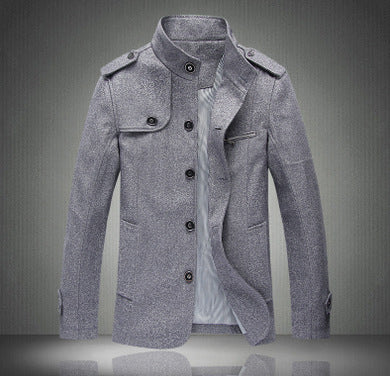 Winter new men's stand-up collar woolen trench coat