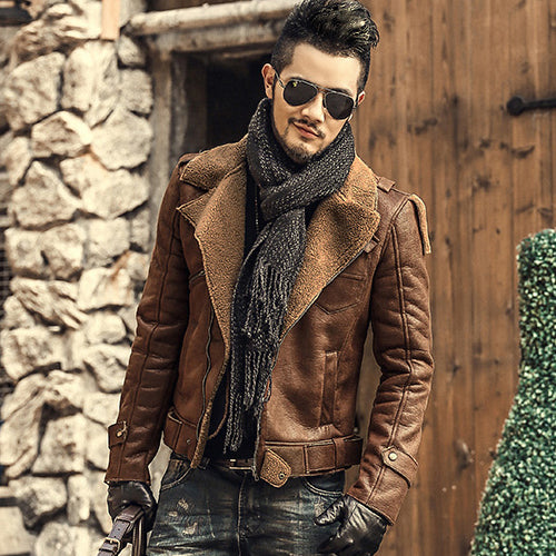 Winter thickened faux fur one jacket suede  lamb hair male slim motorcycle leather jacket F1056