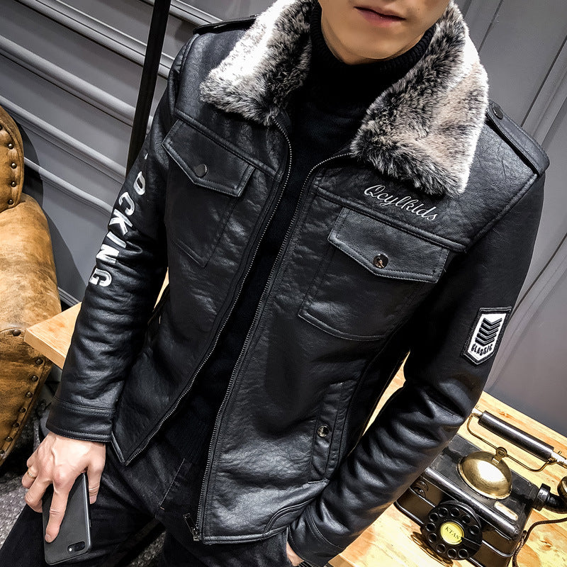 Lamb fur lapel motorcycle leather jacket