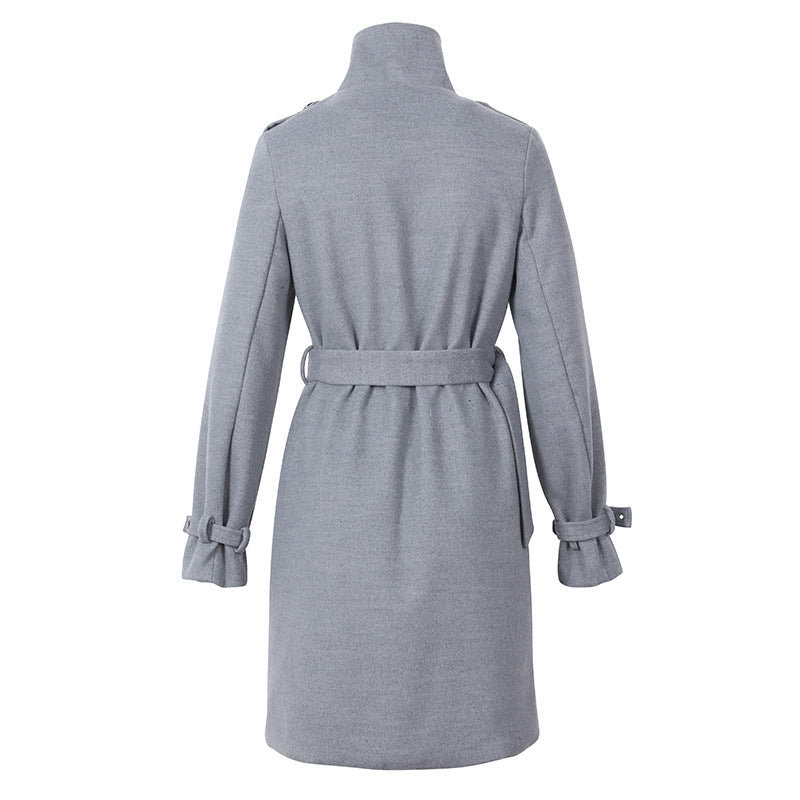 Women's solid color long-sleeved woolen coat