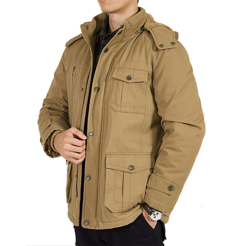 Men's Mid-length Hooded Cotton-padded Jacket With Velvet