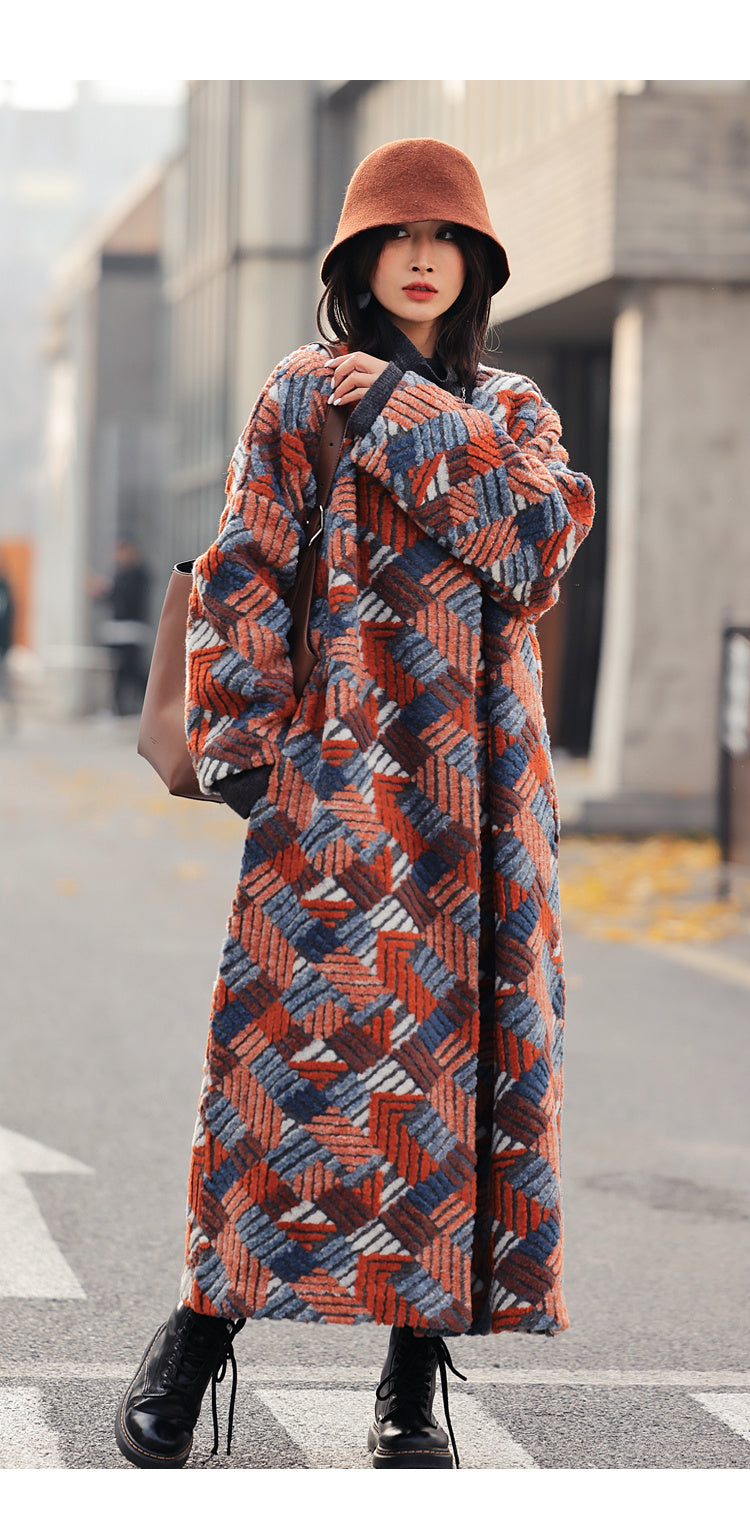 Women's Three-dimensional Jacquard Wool Blended Loose Overcoat Coat
