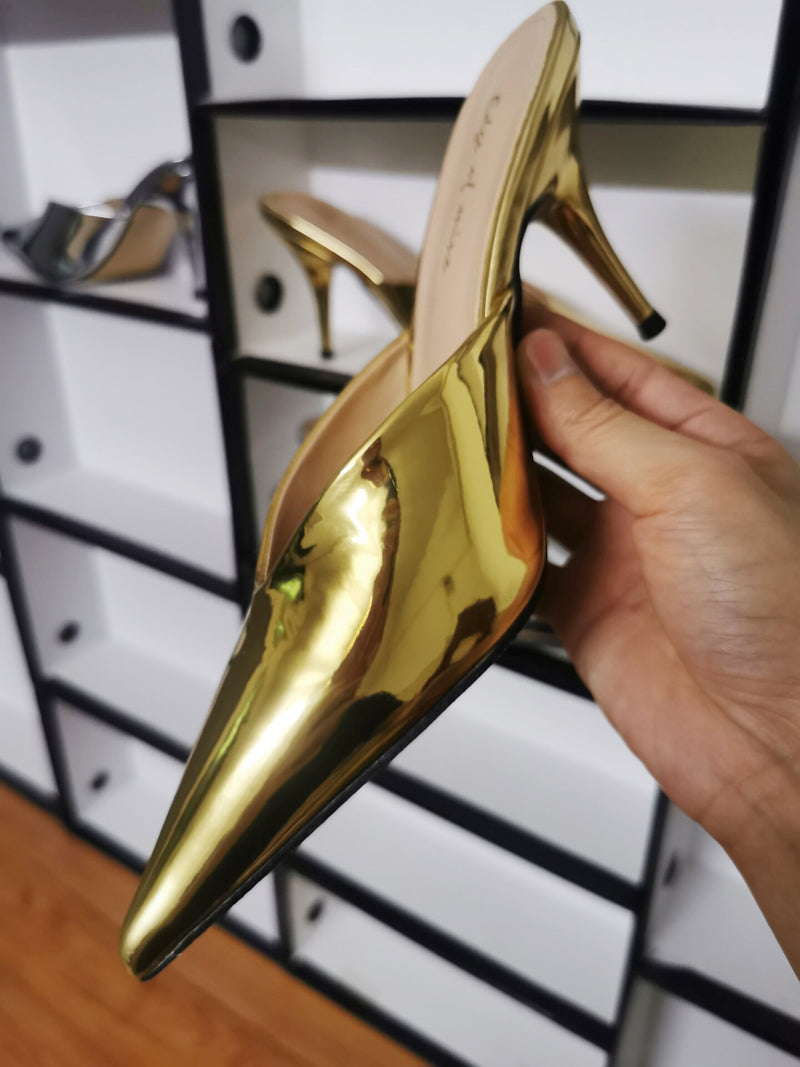 V-mouth Baotou High Heel Shoes Fine Heel Patent Leather Mirror Gold Silver Lazy People Wear Pointed Half Slippers Outside Women