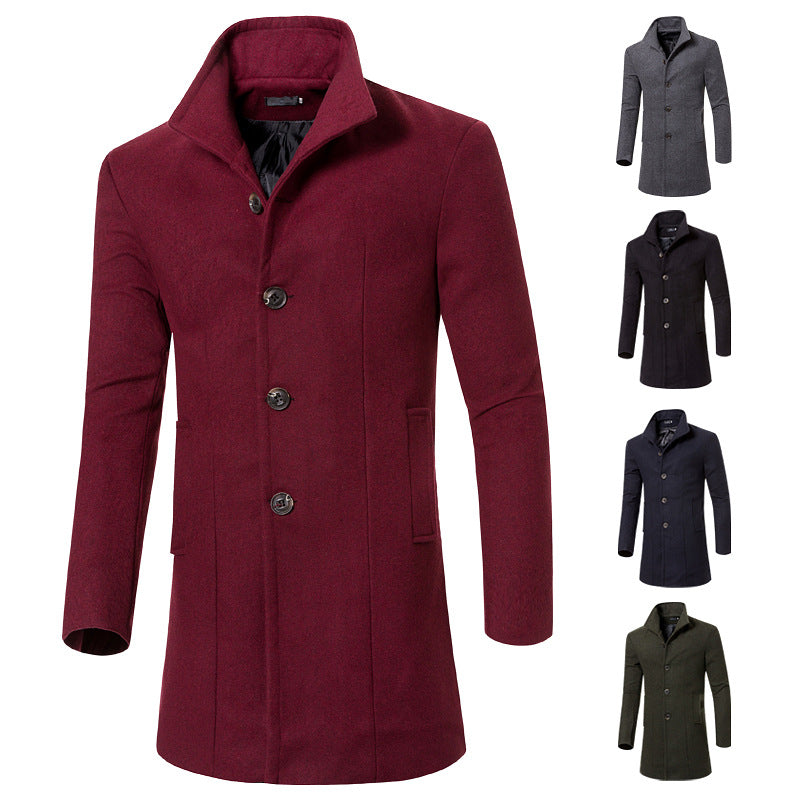 Men's solid color lapel woolen trench coat