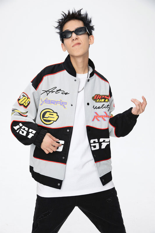 Letter Embroidered Label Baseball Jacket Loose Fit