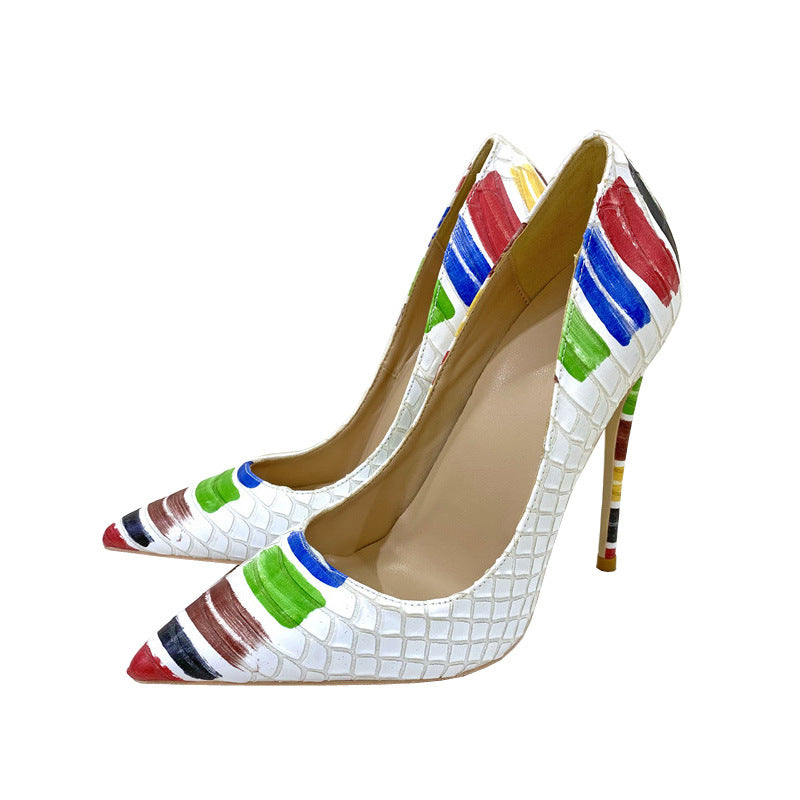 New Snakeskin Pattern Color Graffiti High Heels 12cm 10cm 8cm Pointed Toe Stiletto Pumps