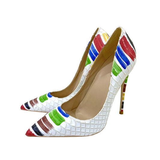 Neu Schlangenhaut Muster Farbe Graffiti High Heels 12cm 10cm 8cm Spitz Stiletto Pumps 