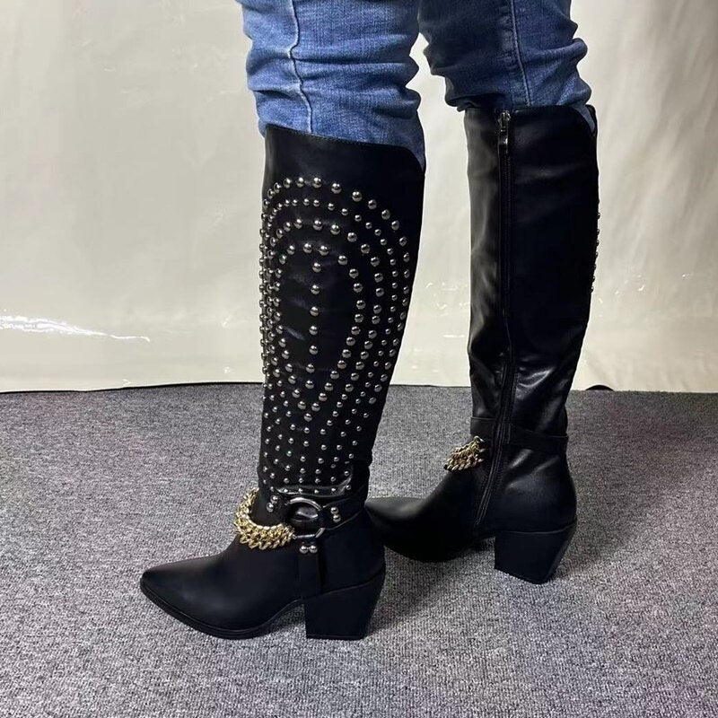 Show Chain Pointy Toe Thick Heel Side Zipper Paris Show Synchronized Boots Metal Rivet Motorcycle Boots