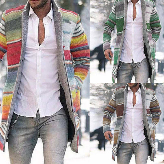 Men's Mid-length Printed Trench Long Sleeve Coat