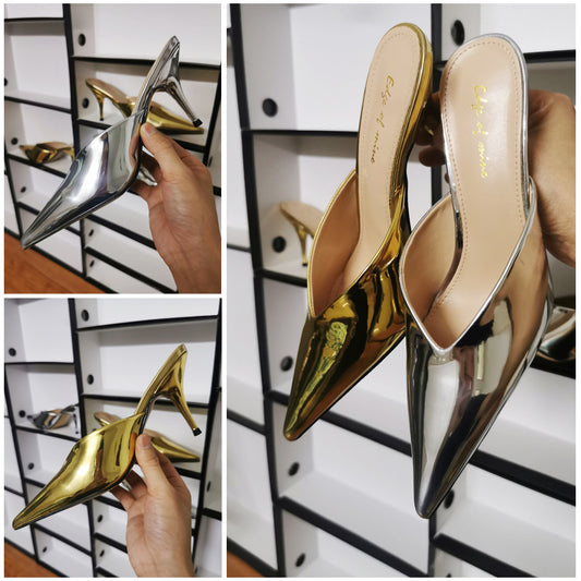 V-mouth Baotou High Heel Shoes Fine Heel Patent Leather Mirror Gold Silver Lazy People Wear Pointed Half Slippers Outside Women