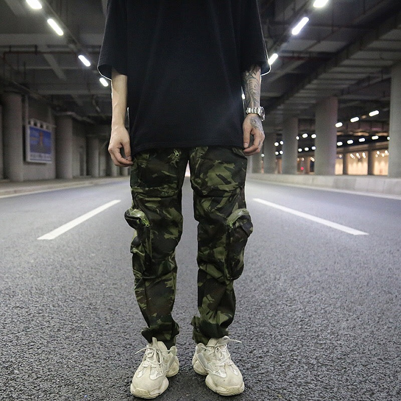 Multi-pocket camouflage straight pants