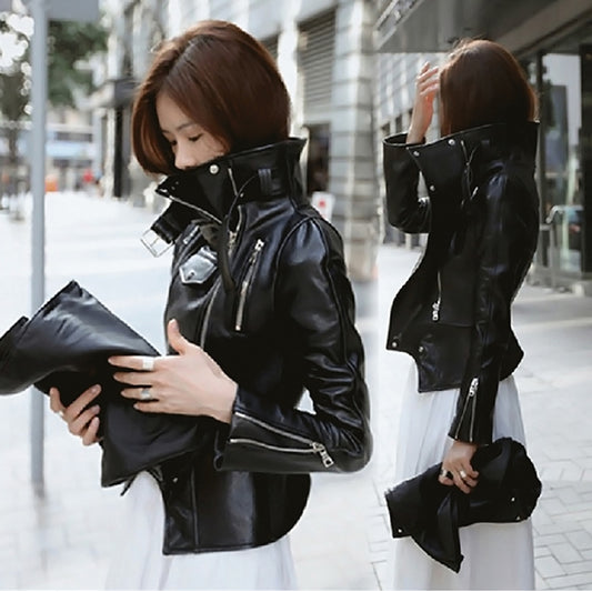 Leather women's jacket autumn 2021 new Korean students Slim thin motorcycle leather jacket high waist