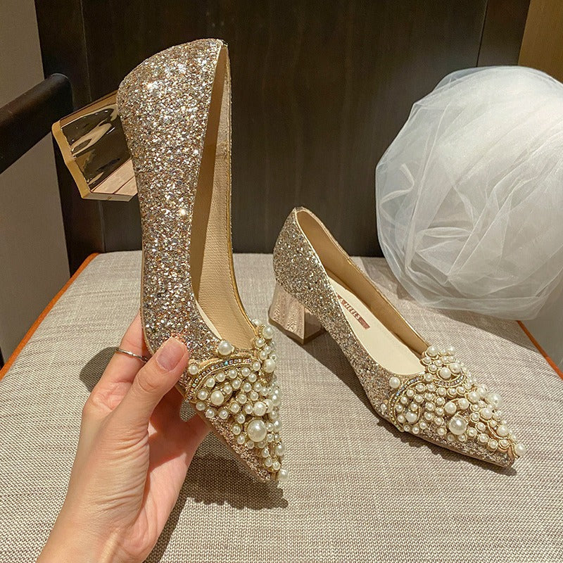 Pointed high heels, women's thick heels, French wedding shoes