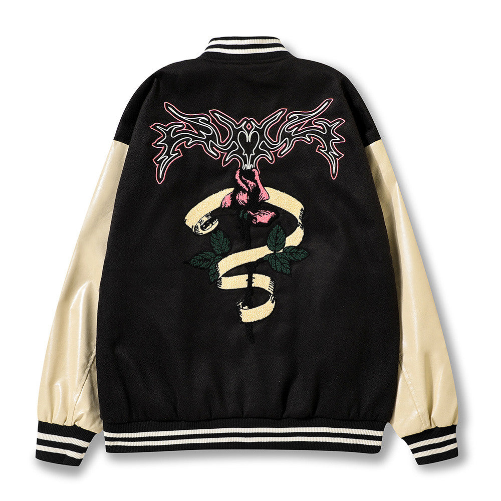 Men's Hip Hop Vintage Flocked Embroidered Baseball Jacket