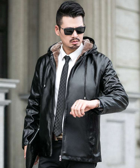 Autumn And Winter New Hooded Warm Leather Jacket Men's Fur One Plus Velvet Thickening Motorcycle Leather Jacket