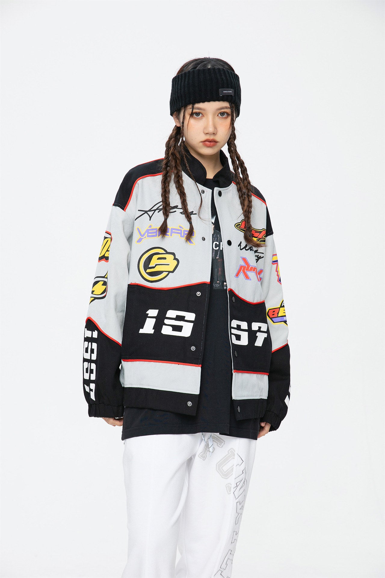 Letter Embroidered Label Baseball Jacket Loose Fit