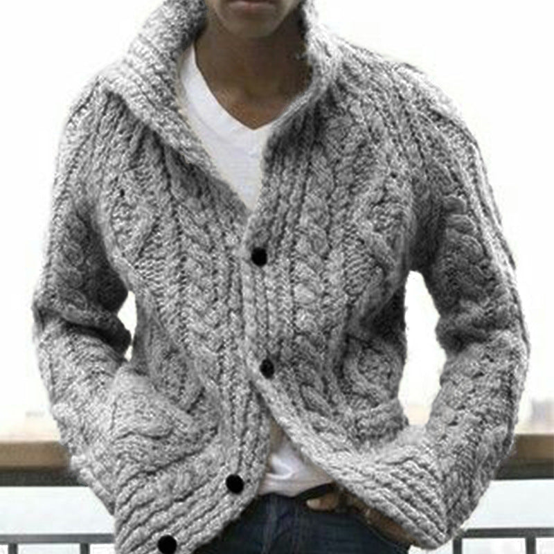 Herren Wollpullover mit Daunen-Revers, Tweed, gerippt, einfarbig, mit Knöpfen 