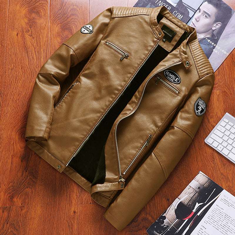Add velvet anti - cold PU leather jacket
