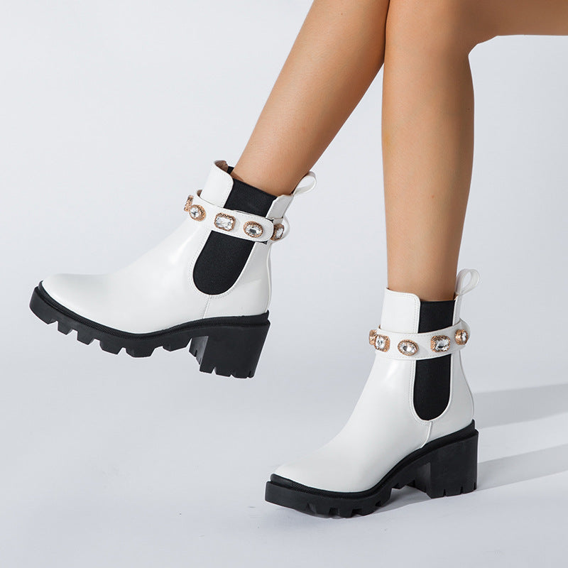 Autumn New Fashion Rhinestone Round Head Martin Boots Female Mid-Thigh Elastic Thin Boots